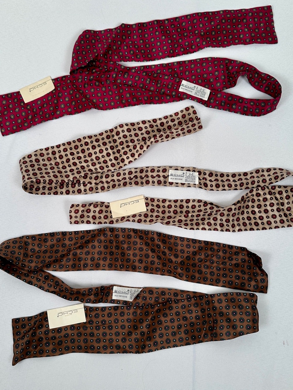 Echo 100% Silk NWT Vintage Ascot Cravat Scarf Trio Burgundy, Beige & Brown